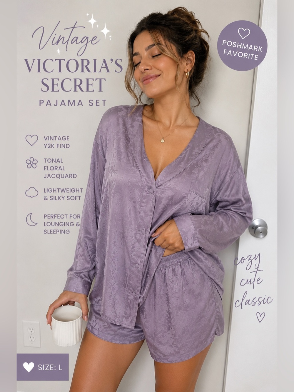 Vintage Victoria’s Secret Lavender Satin Jacquard Pajama Set – Size Large